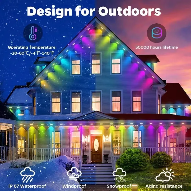 20M Permanent Outdoor Lights APP Bluetooth RGB Light Strip Waterproof Full House Eaves Lights String Christmas Wedding Lighting