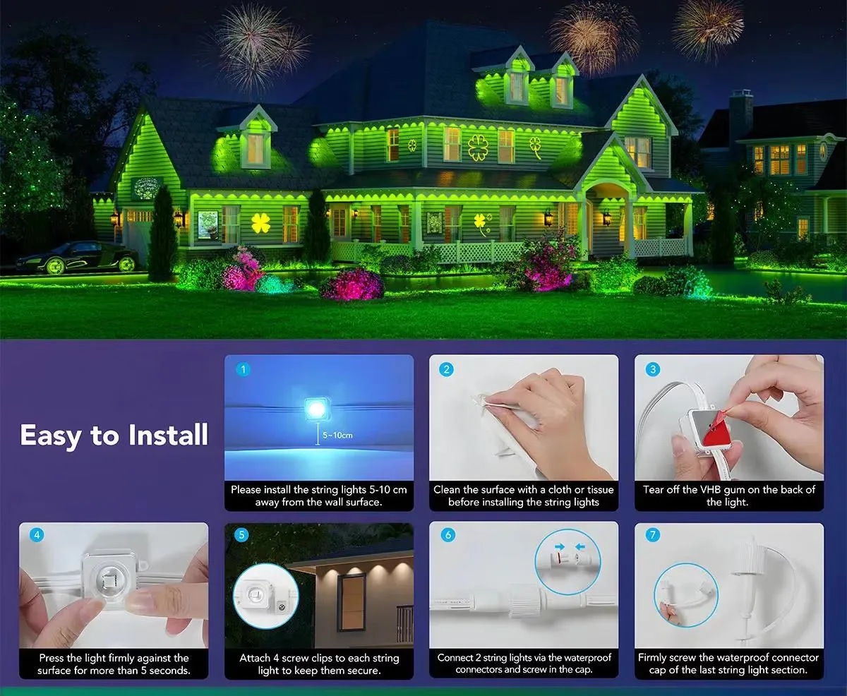 20M Permanent Outdoor Lights APP Bluetooth RGB Light Strip Waterproof Full House Eaves Lights String Christmas Wedding Lighting