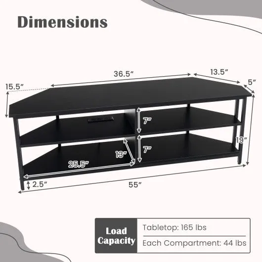 3-Tier Corner TV Stand for TVs up to 65 Inches with Charging Station- Black