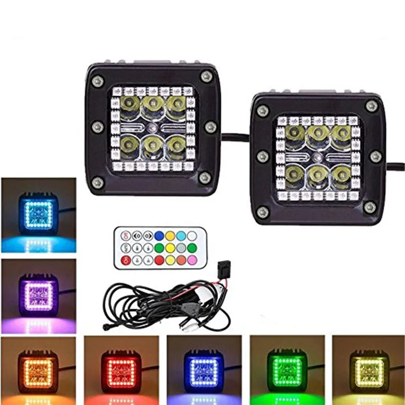 3" 18W Square LED Pods Work Light Bars with RGB Halo for Off-road Truck