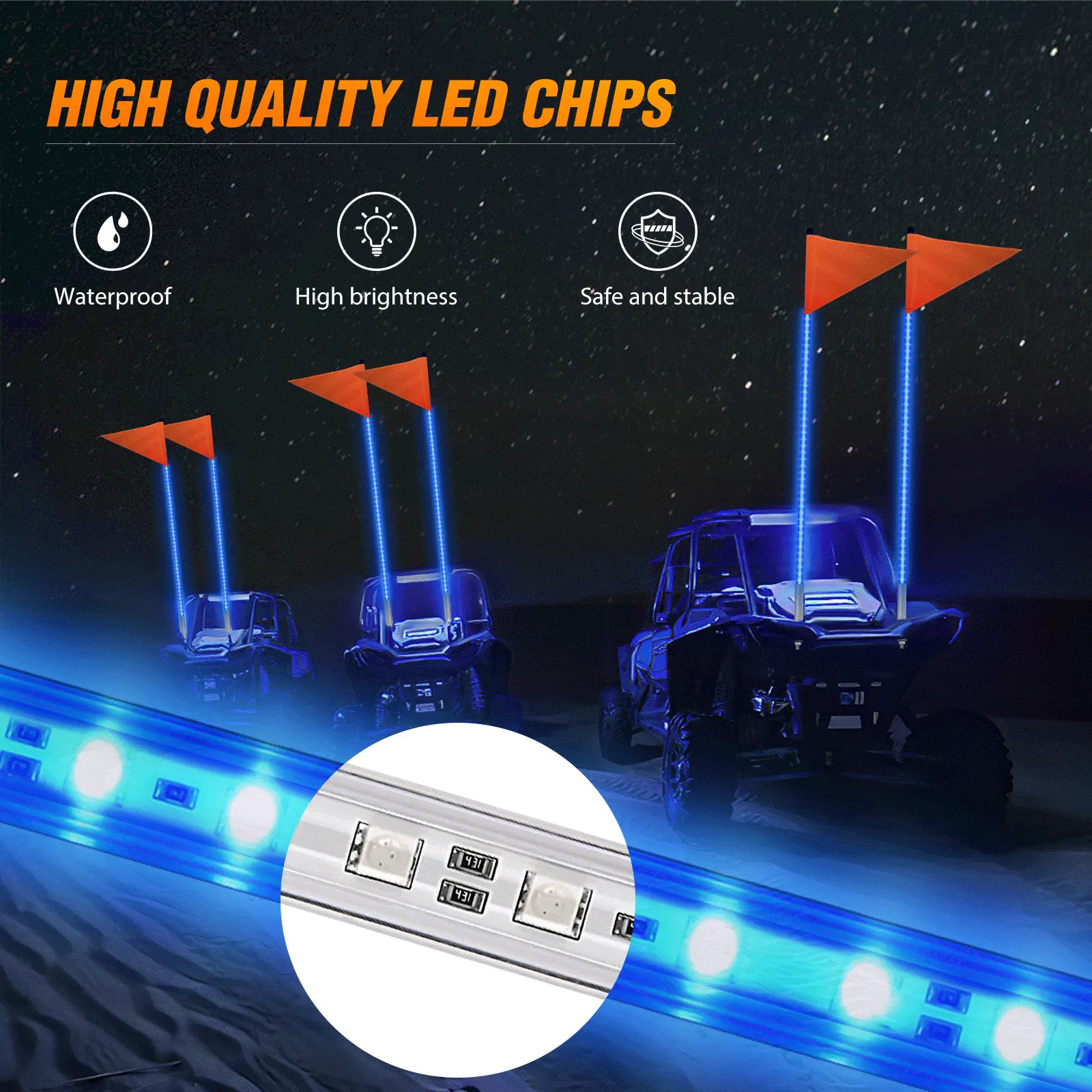4FT LED Blue Whip Light with Aluminum Base Blue Color