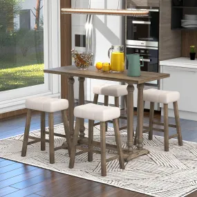5-Piece Dining Table Set, Counter Height Dining Furniture with a Rustic Table and 4 Upholstered Stools for Kitchen, Dining Room (Light Brown)
