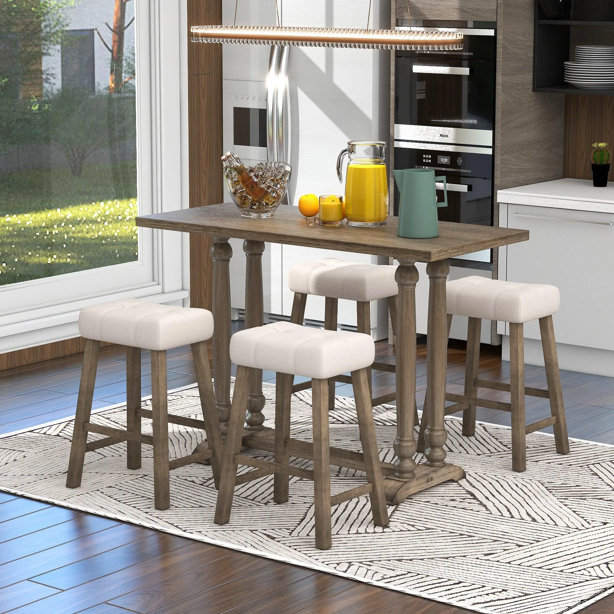 5-Piece Dining Table Set, Counter Height Dining Furniture with a Rustic Table and 4 Upholstered Stools for Kitchen, Dining Room (Light Brown)