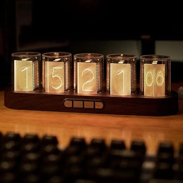 Adventurers Simulation Nixie Tube Clock, RGB Desk Clock, LED Tube Desk Clock with Imitation Wood Base & 24 Hour Clock, Suitable for Decorating Under Computer Monitor & on Bedside Table in Bedroom