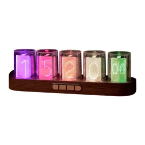 Adventurers Simulation Nixie Tube Clock, RGB Desk Clock, LED Tube Desk Clock with Imitation Wood Base & 24 Hour Clock, Suitable for Decorating Under Computer Monitor & on Bedside Table in Bedroom