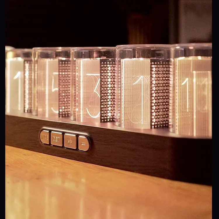 Adventurers Simulation Nixie Tube Clock, RGB Desk Clock, LED Tube Desk Clock with Imitation Wood Base & 24 Hour Clock, Suitable for Decorating Under Computer Monitor & on Bedside Table in Bedroom