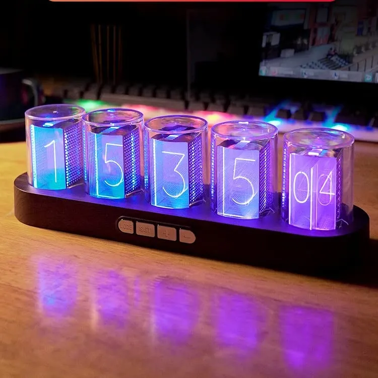Adventurers Simulation Nixie Tube Clock, RGB Desk Clock, LED Tube Desk Clock with Imitation Wood Base & 24 Hour Clock, Suitable for Decorating Under Computer Monitor & on Bedside Table in Bedroom
