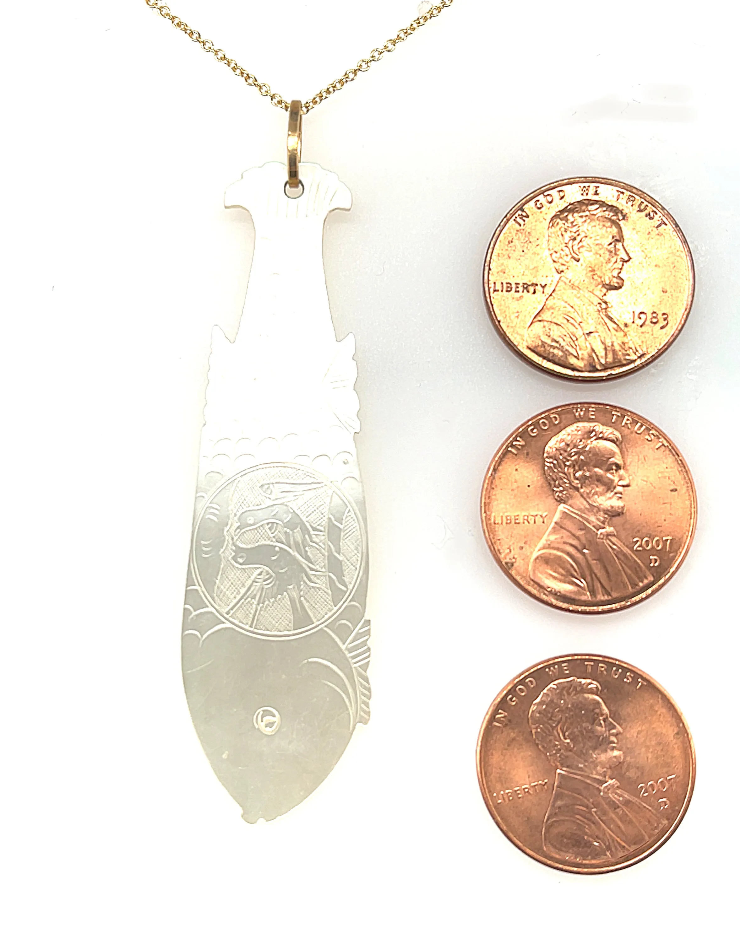 Antique Mother-of-Pearl Gambling Counter Fish Motif Yellow Gold Pendant