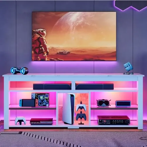 Bestier TV Stand for 65/70 inch TV, Tall Entertainment Center with 2 Led Lights, Gaming TV Console with Storage for PS5, Modern TV Cabinet for Bedroom, Living Room, Black Carbon Fiber