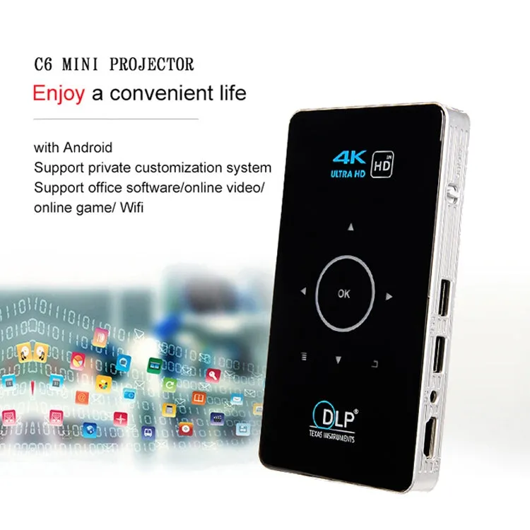 C6 Portable DLP Mini Projector with Android System and Wireless Projection, 1080P HD Home Theater Device