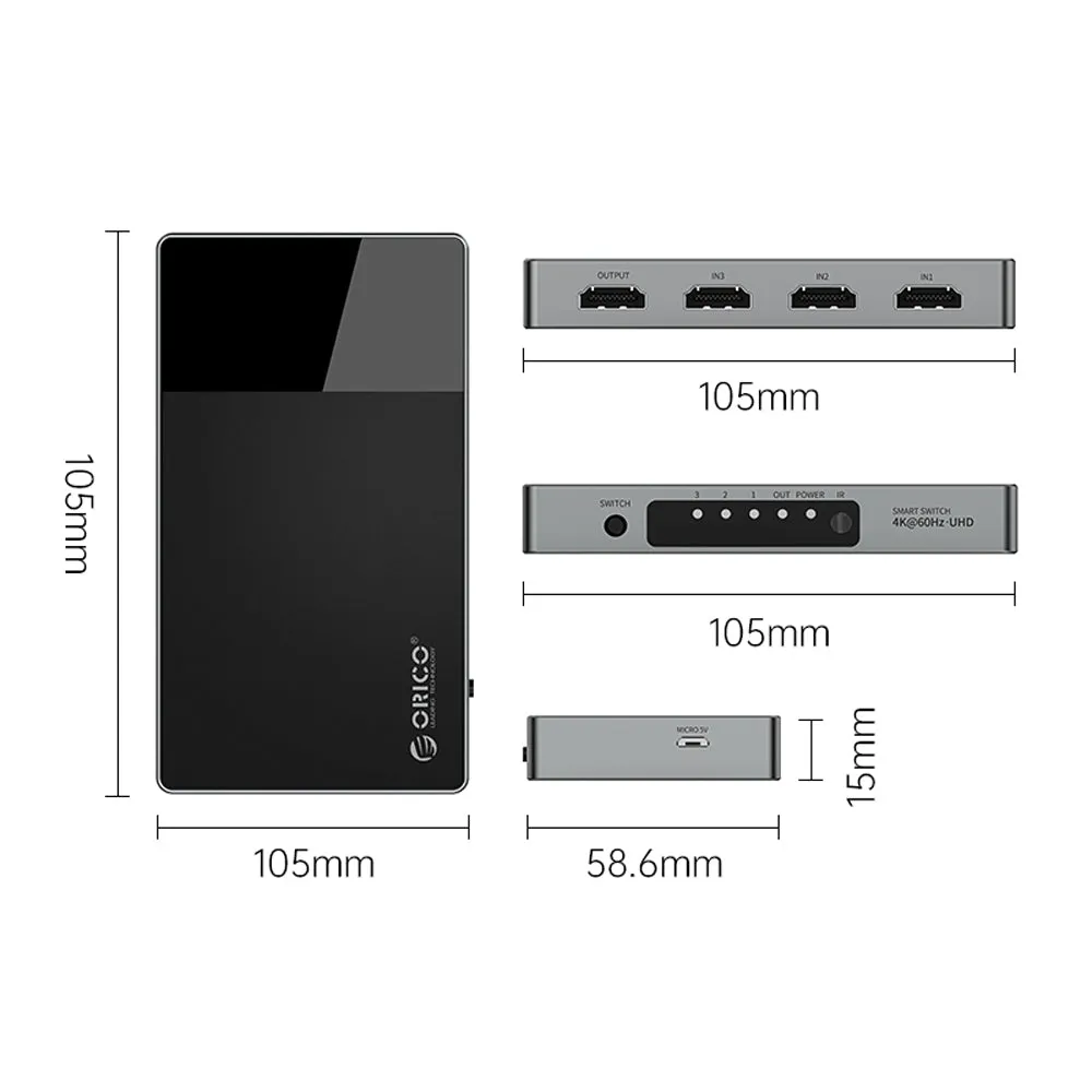 [CLEARANCE] ORICO (3-in-1, 4-in-1, 5-in-1) 4K 60Hz Ultra HD HDMI Matrix Video Compatible Switch Splitter w/ Micro USB Power Supply Output Port, IR Remote Control for PC, TV, Monitor, Projector, Gaming Console, DVD Player, PS4, Xbox
