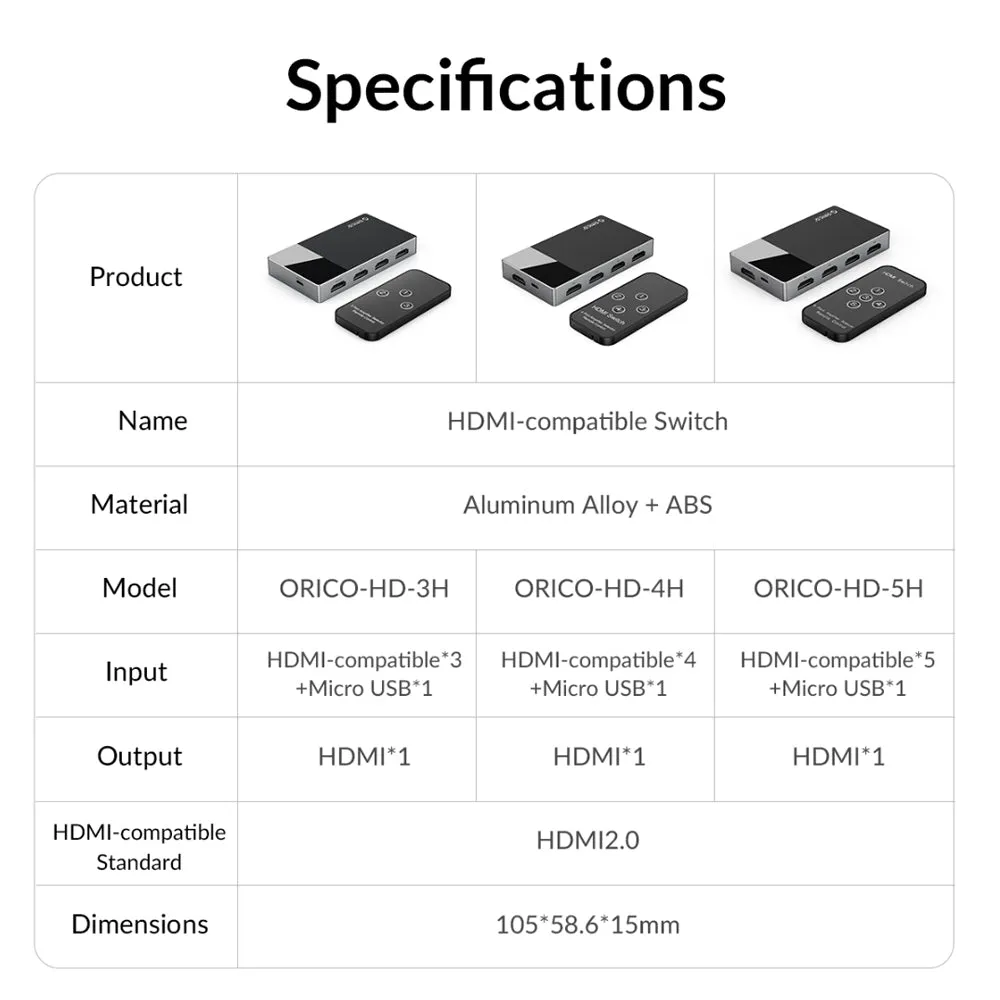 [CLEARANCE] ORICO (3-in-1, 4-in-1, 5-in-1) 4K 60Hz Ultra HD HDMI Matrix Video Compatible Switch Splitter w/ Micro USB Power Supply Output Port, IR Remote Control for PC, TV, Monitor, Projector, Gaming Console, DVD Player, PS4, Xbox
