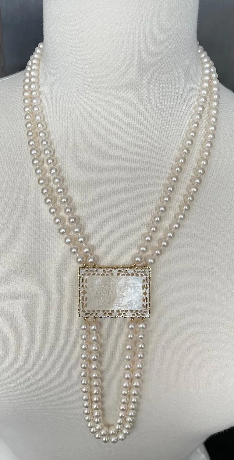 Double Strand 6mm Pearl, Mother of Pearl Gaming Counter, Yellow Gold Necklace