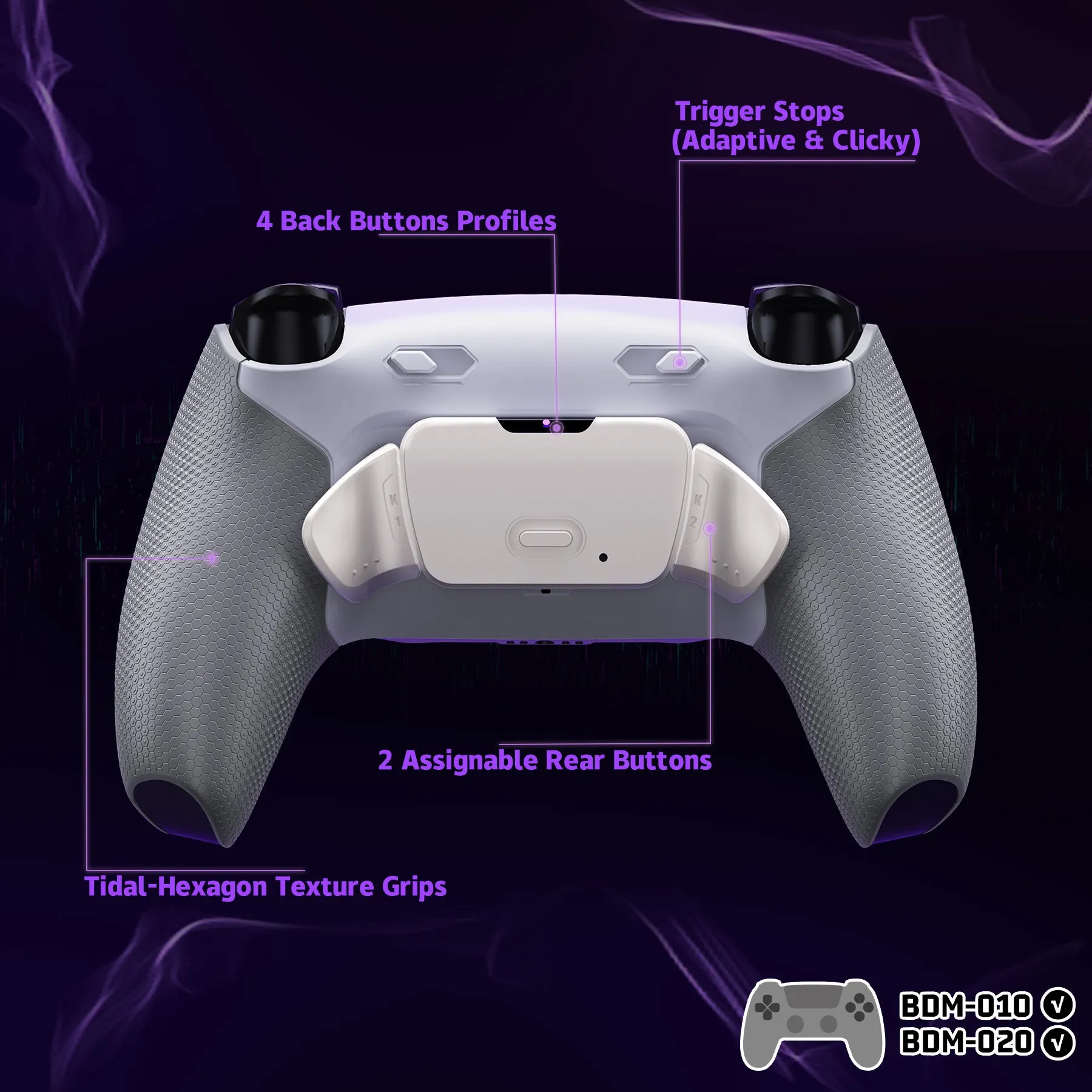 eXtremeRate Real Metal Buttons (RMB) Version RISE Plus MAX Back Paddles Kit with Clicky Trigger Stops & Rubberized Grip for PS5 Controller BDM-010/020 - White Gray - Silver