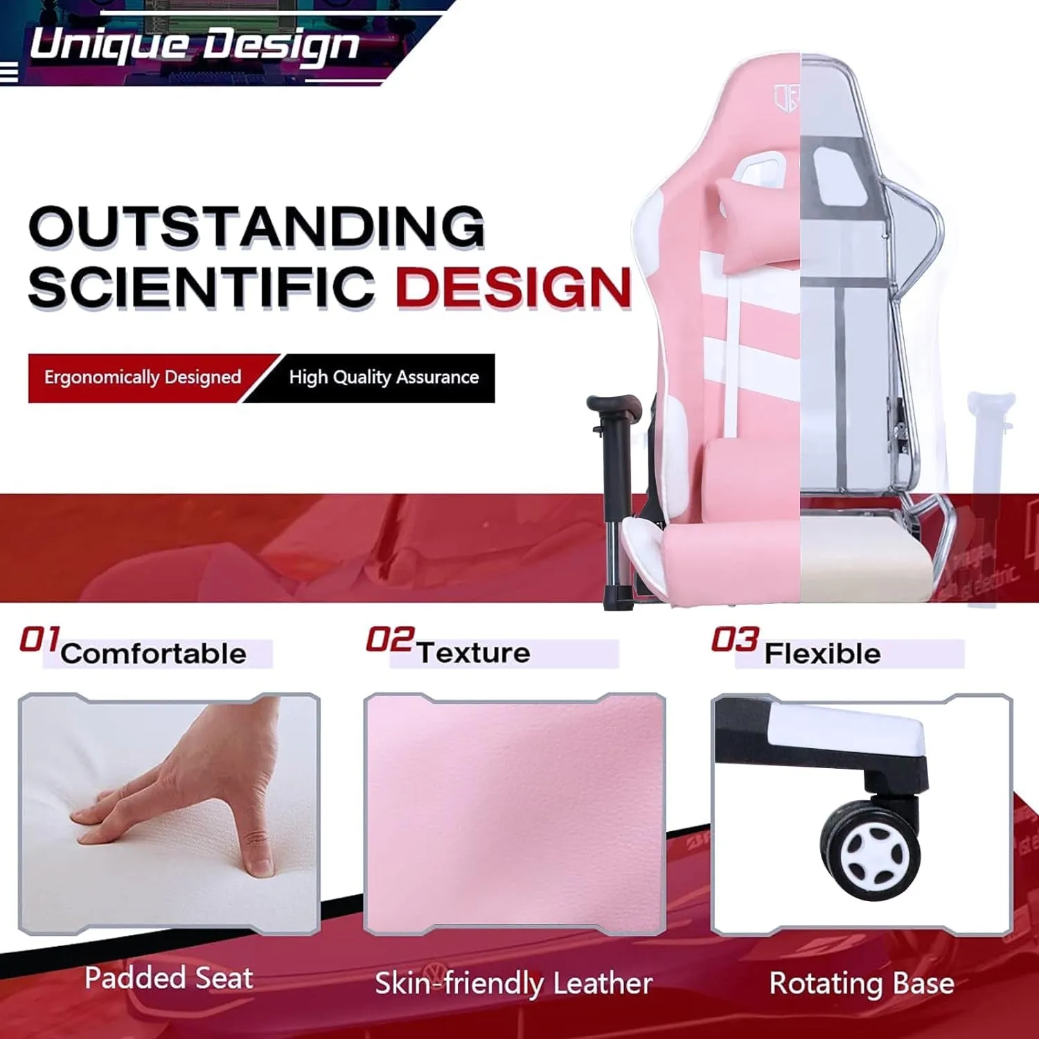 Gaming Chair, Office Chair Computer Gaming Racing Chair, High Back PU Leather Desk Chair, Ergonomic Adjustable Swivel Task Chair with Headrest and Lumbar Support, Pink