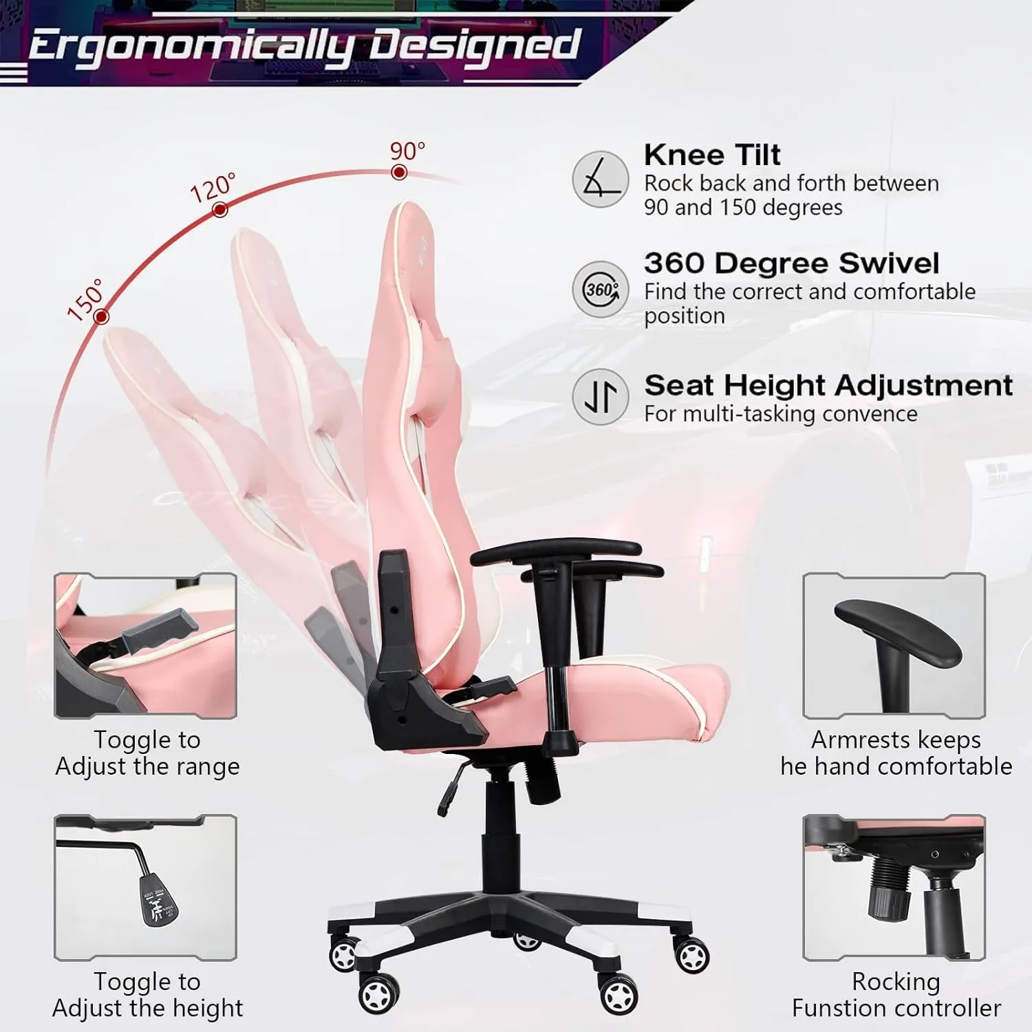 Gaming Chair, Office Chair Computer Gaming Racing Chair, High Back PU Leather Desk Chair, Ergonomic Adjustable Swivel Task Chair with Headrest and Lumbar Support, Pink
