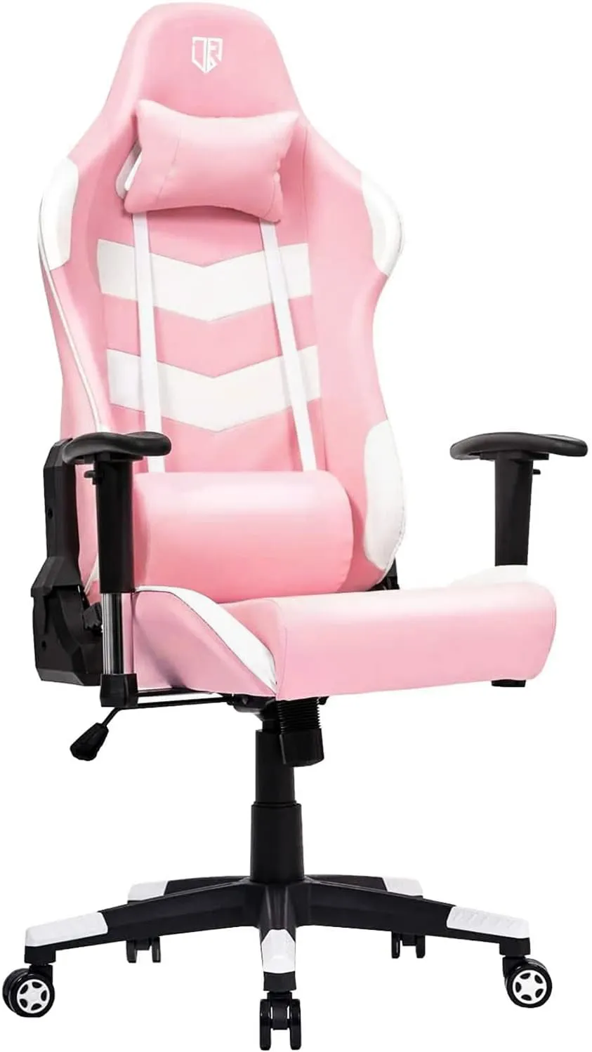 Gaming Chair, Office Chair Computer Gaming Racing Chair, High Back PU Leather Desk Chair, Ergonomic Adjustable Swivel Task Chair with Headrest and Lumbar Support, Pink