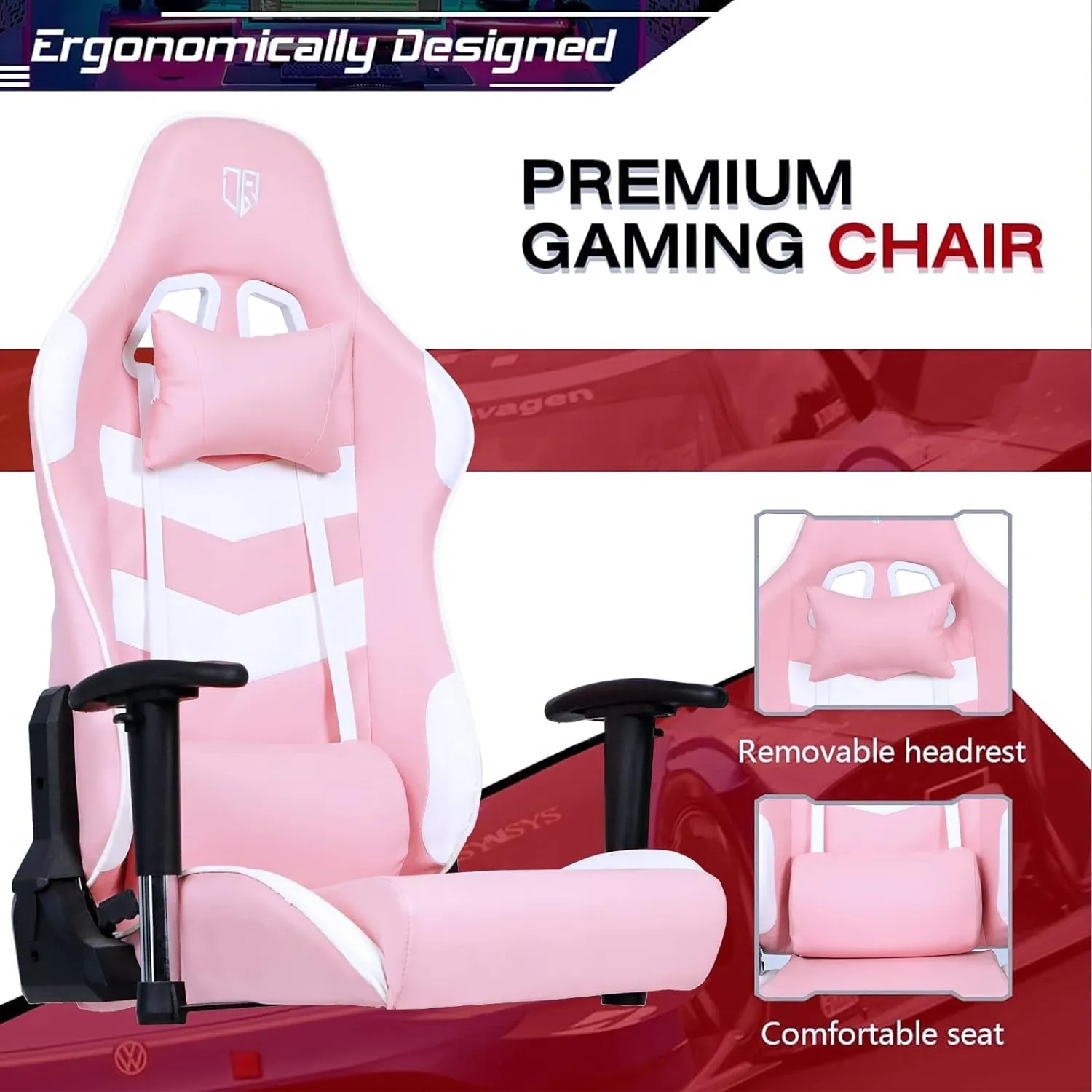 Gaming Chair, Office Chair Computer Gaming Racing Chair, High Back PU Leather Desk Chair, Ergonomic Adjustable Swivel Task Chair with Headrest and Lumbar Support, Pink