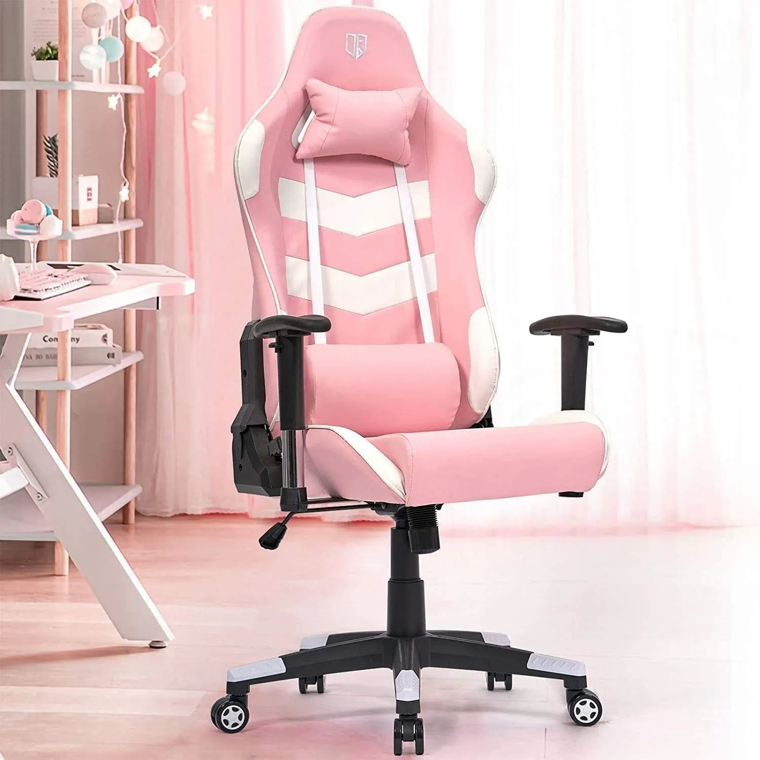 Gaming Chair, Office Chair Computer Gaming Racing Chair, High Back PU Leather Desk Chair, Ergonomic Adjustable Swivel Task Chair with Headrest and Lumbar Support, Pink