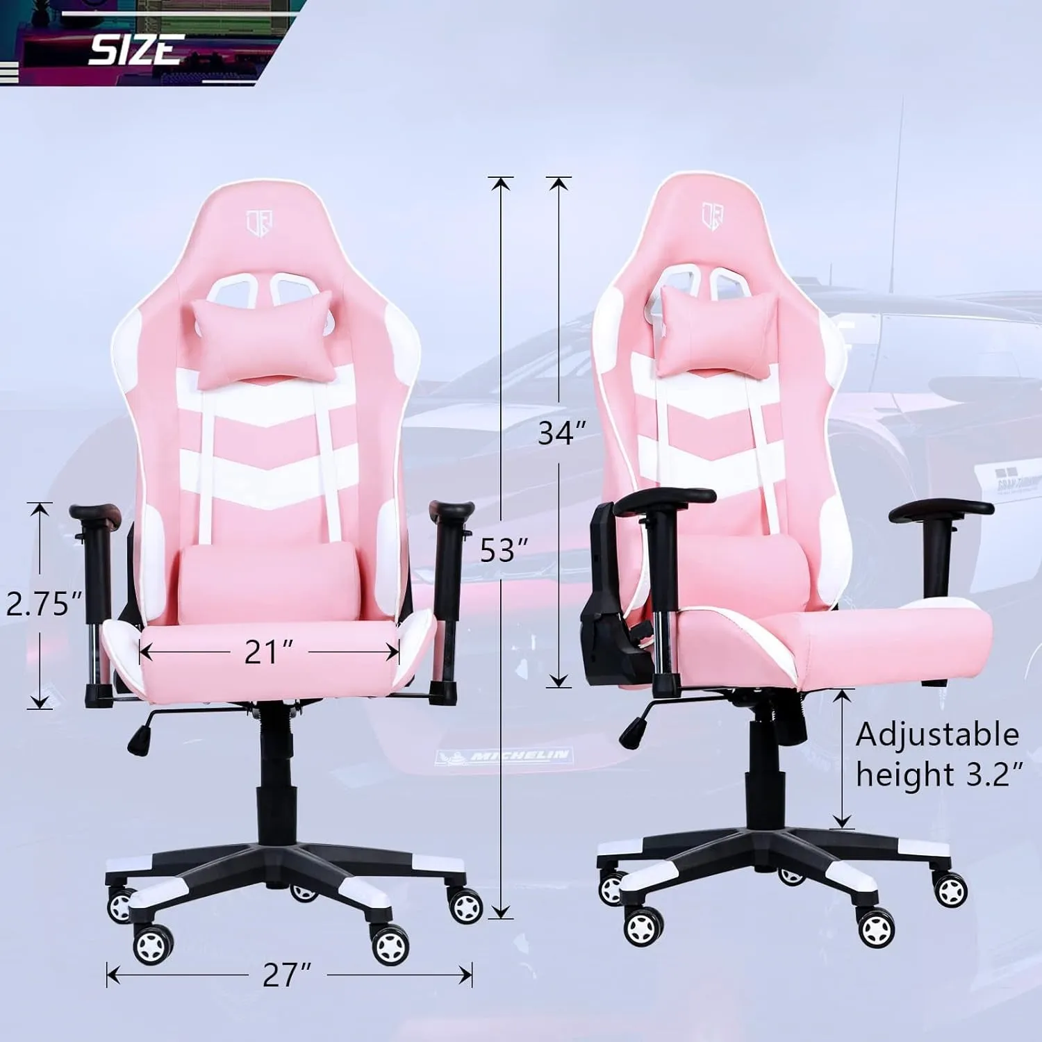 Gaming Chair, Office Chair Computer Gaming Racing Chair, High Back PU Leather Desk Chair, Ergonomic Adjustable Swivel Task Chair with Headrest and Lumbar Support, Pink