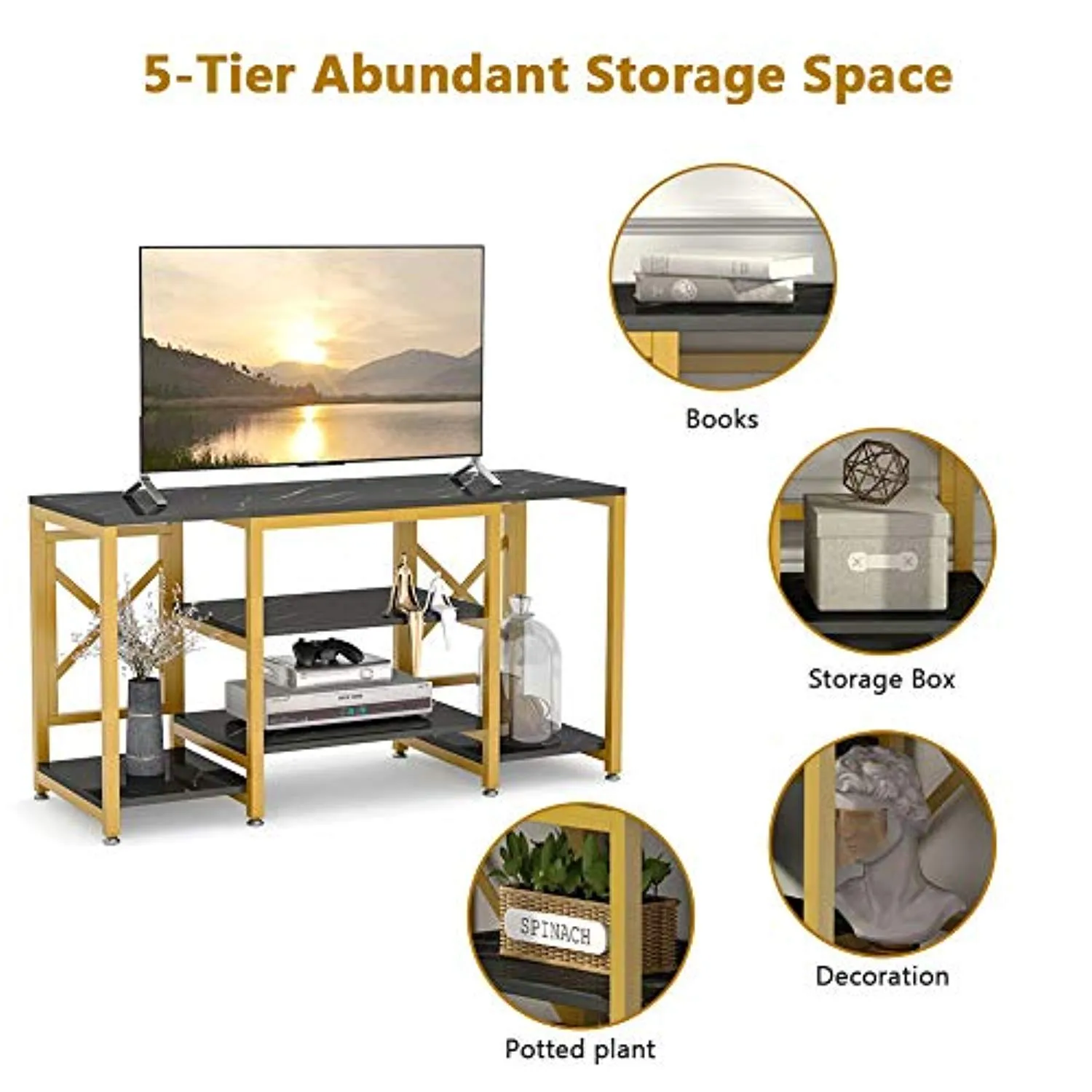 Gold TV Stand, Modern Entertainment Center Media Stand, 5 Shelf