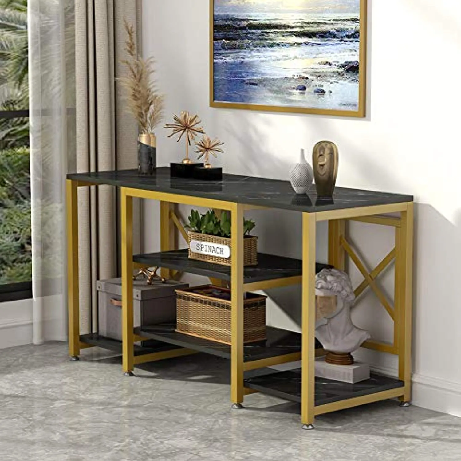 Gold TV Stand, Modern Entertainment Center Media Stand, 5 Shelf