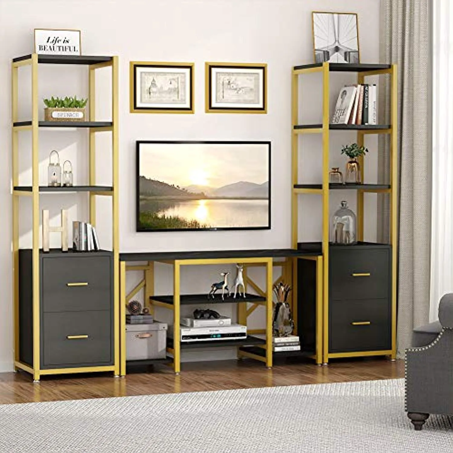 Gold TV Stand, Modern Entertainment Center Media Stand, 5 Shelf