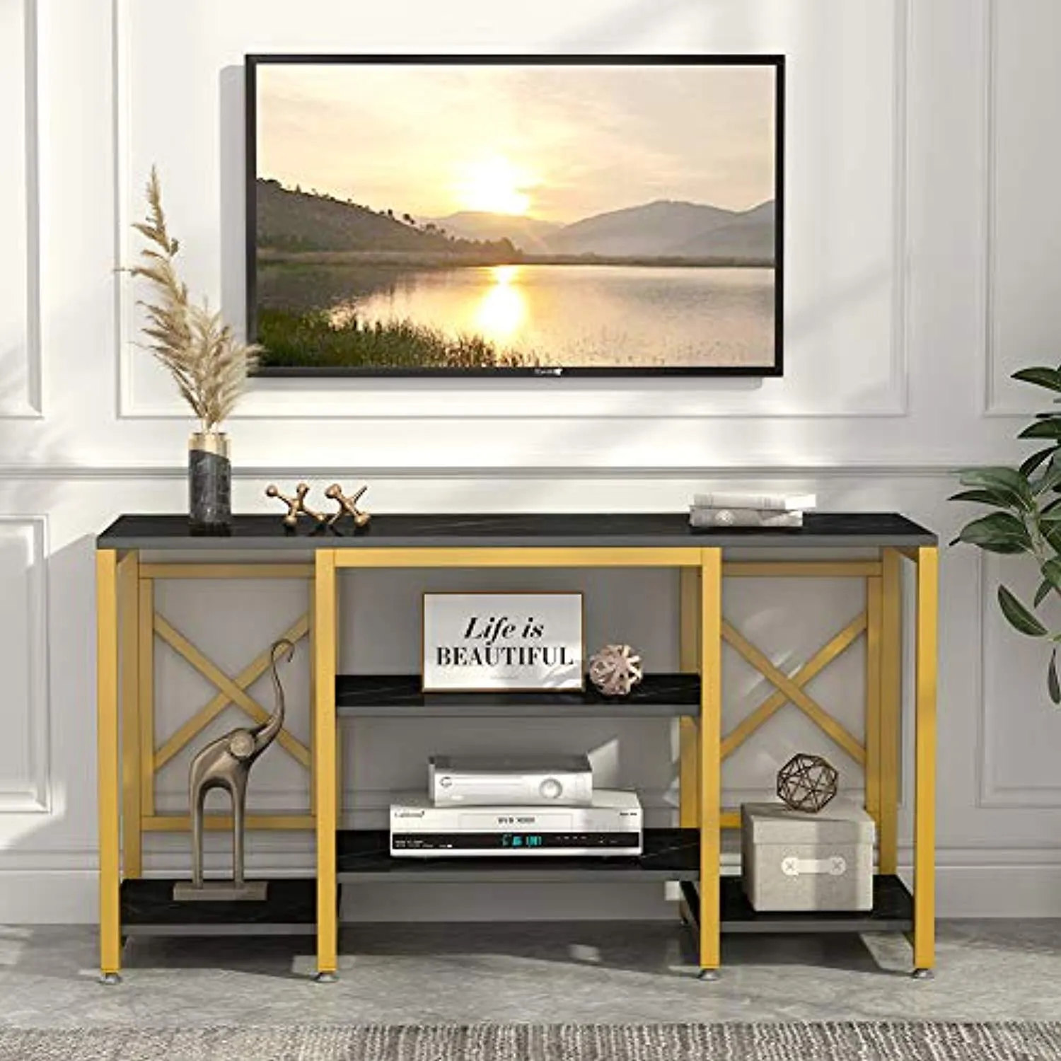 Gold TV Stand, Modern Entertainment Center Media Stand, 5 Shelf