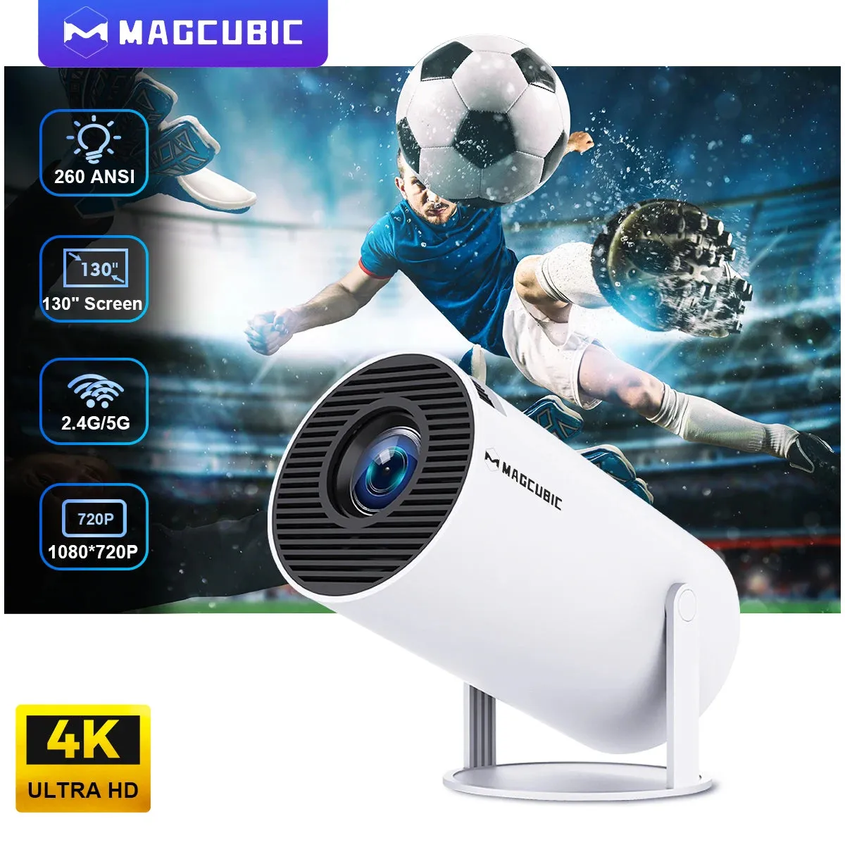 HY300 Pro Portable Projector – Android 11, 4K Support, 1280x720P, Dual WiFi, 260 ANSI Lumens, Bluetooth 5.0