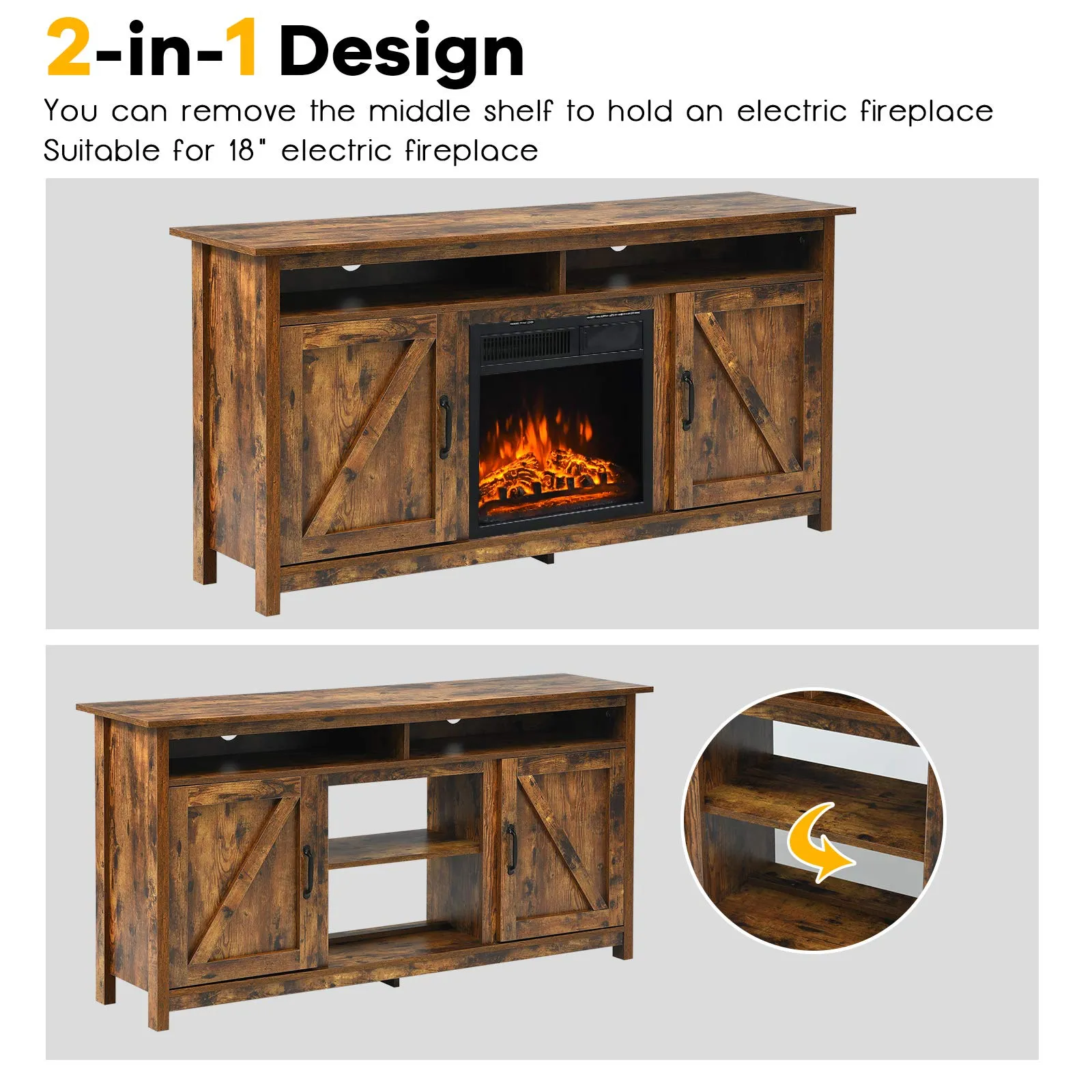 Industrial TV Stand with Barn Doors for TVs up to 65 Inches