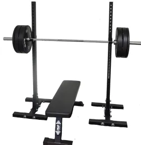 ISF Indy Home Gym Package: Independent Squat Stands Barbell Bumper Plates Utility Bench
