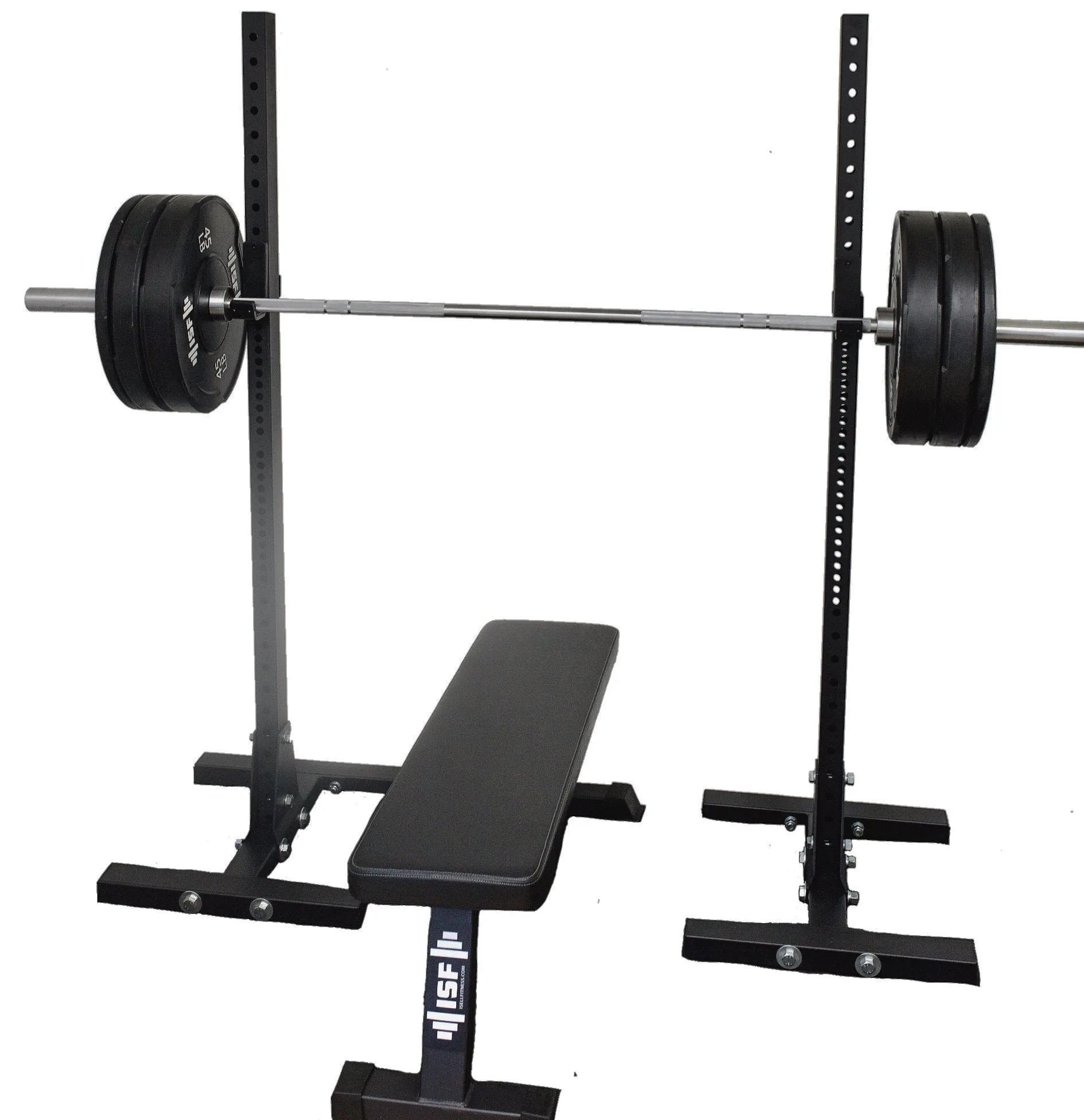 ISF Indy Home Gym Package: Independent Squat Stands Barbell Bumper Plates Utility Bench