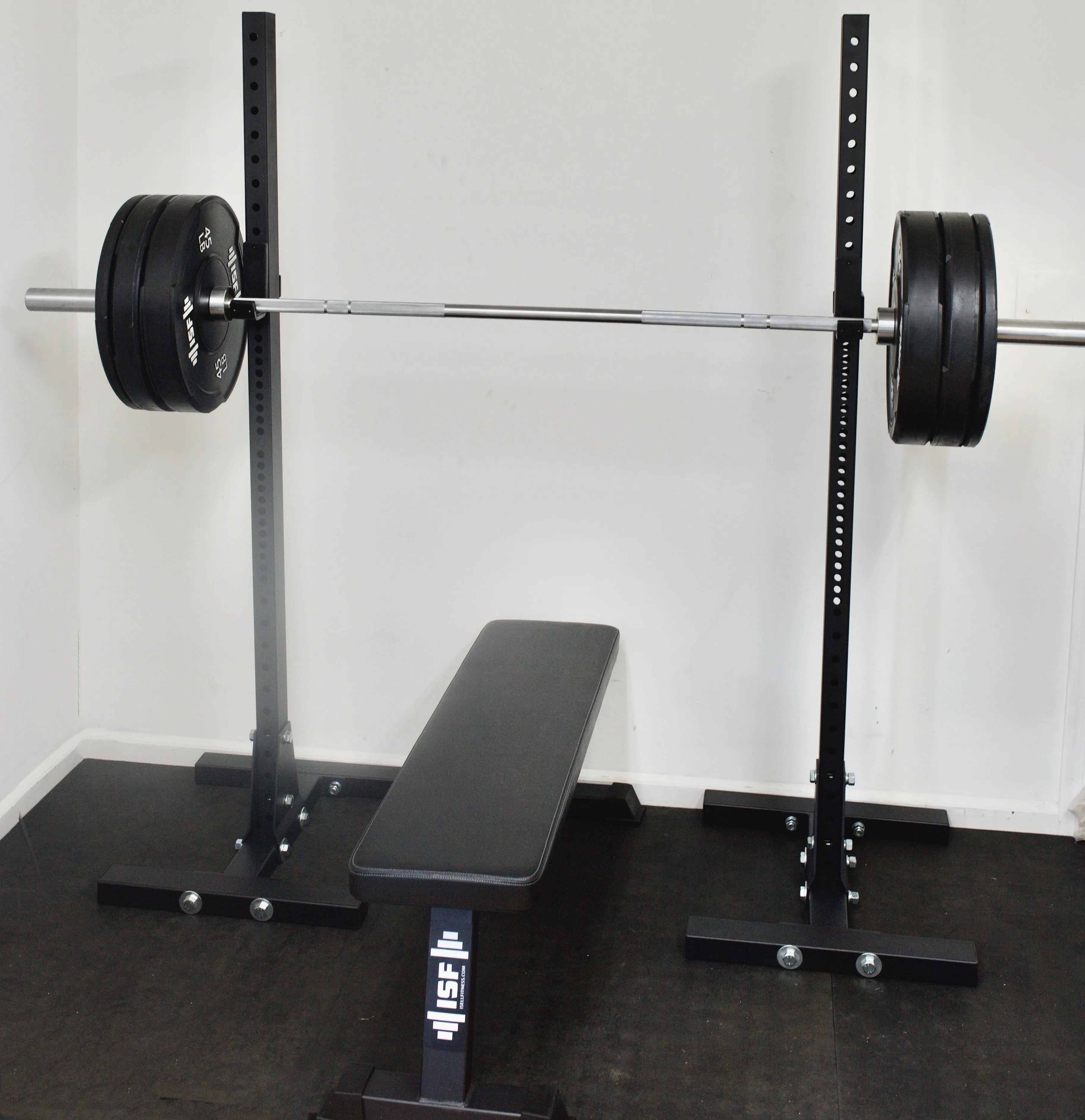 ISF Indy Home Gym Package: Independent Squat Stands Barbell Bumper Plates Utility Bench