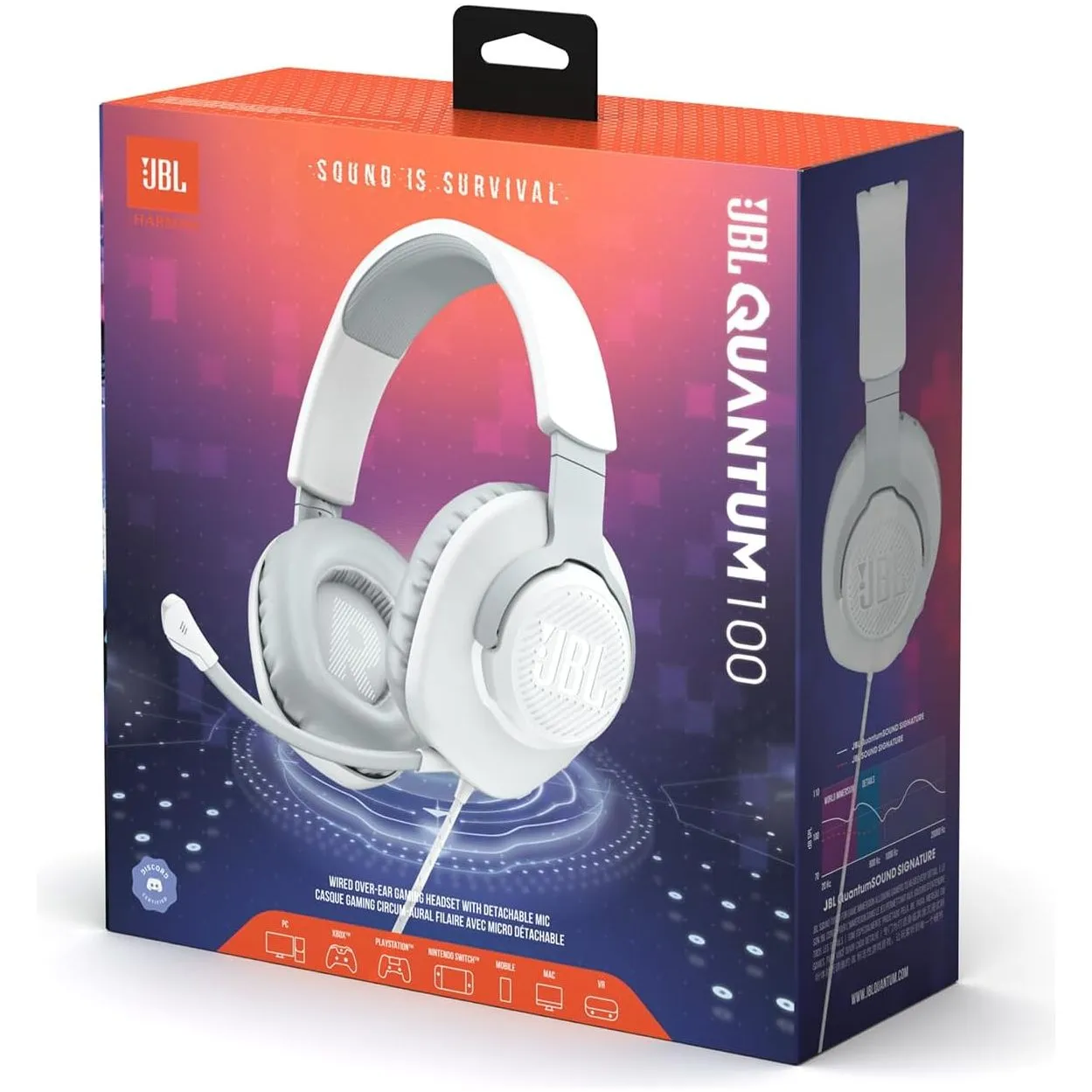 JBL Quantum 100 Wired Gaming Headset, Boom Mic, Multi-Platform Compatible - White