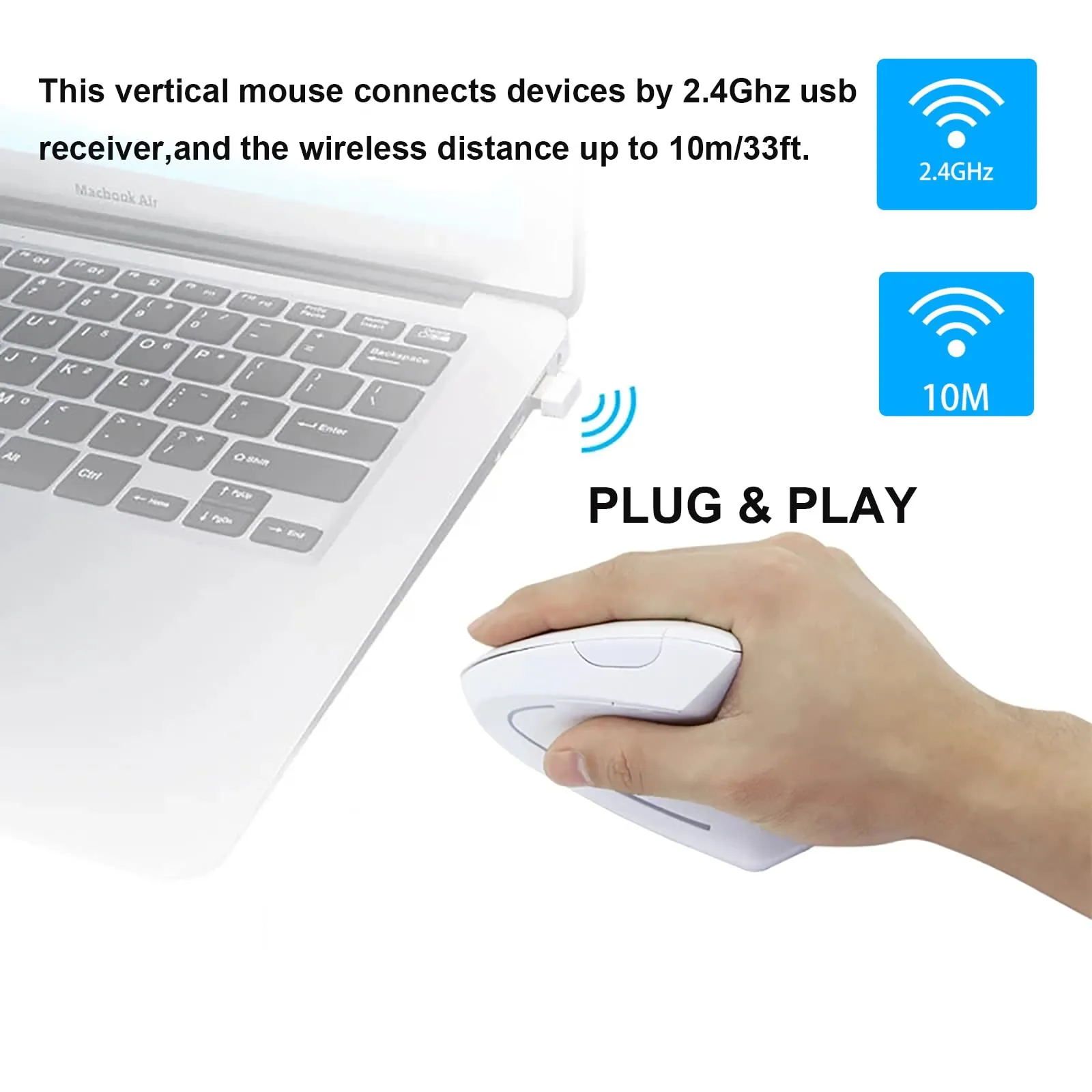 JieruiDeng Vertical Mouse, 2.4G Wireless Ergonomic Optical Mouse 800 / 1200 /1600 DPI 6 Buttons Right Handed Gaming Mice for Laptop, Desktop, PC, MacBook (White)