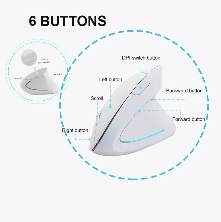 JieruiDeng Vertical Mouse, 2.4G Wireless Ergonomic Optical Mouse 800 / 1200 /1600 DPI 6 Buttons Right Handed Gaming Mice for Laptop, Desktop, PC, MacBook (White)
