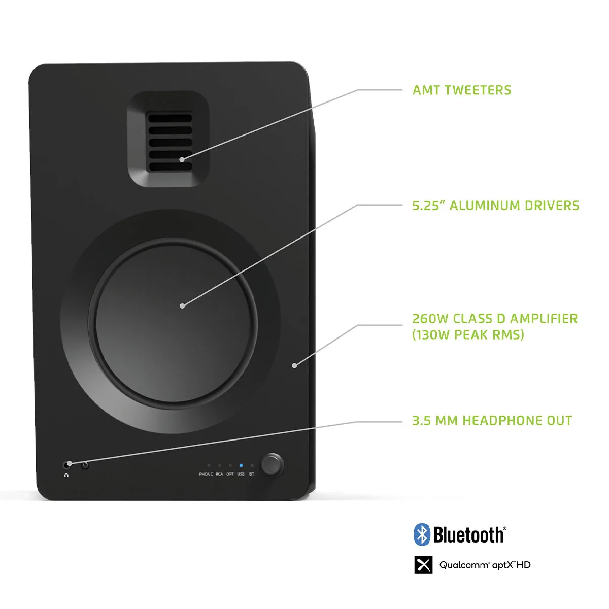 Kanto TUK Premium Powered Bookshelf Speakers with Headphone Out, USB DAC, Dedicated Phono Pre-amp, & Bluetooth - Pair (Matte Black)