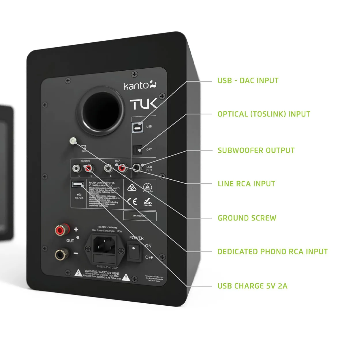 Kanto TUK Premium Powered Bookshelf Speakers with Headphone Out, USB DAC, Dedicated Phono Pre-amp, & Bluetooth - Pair (Matte Black)