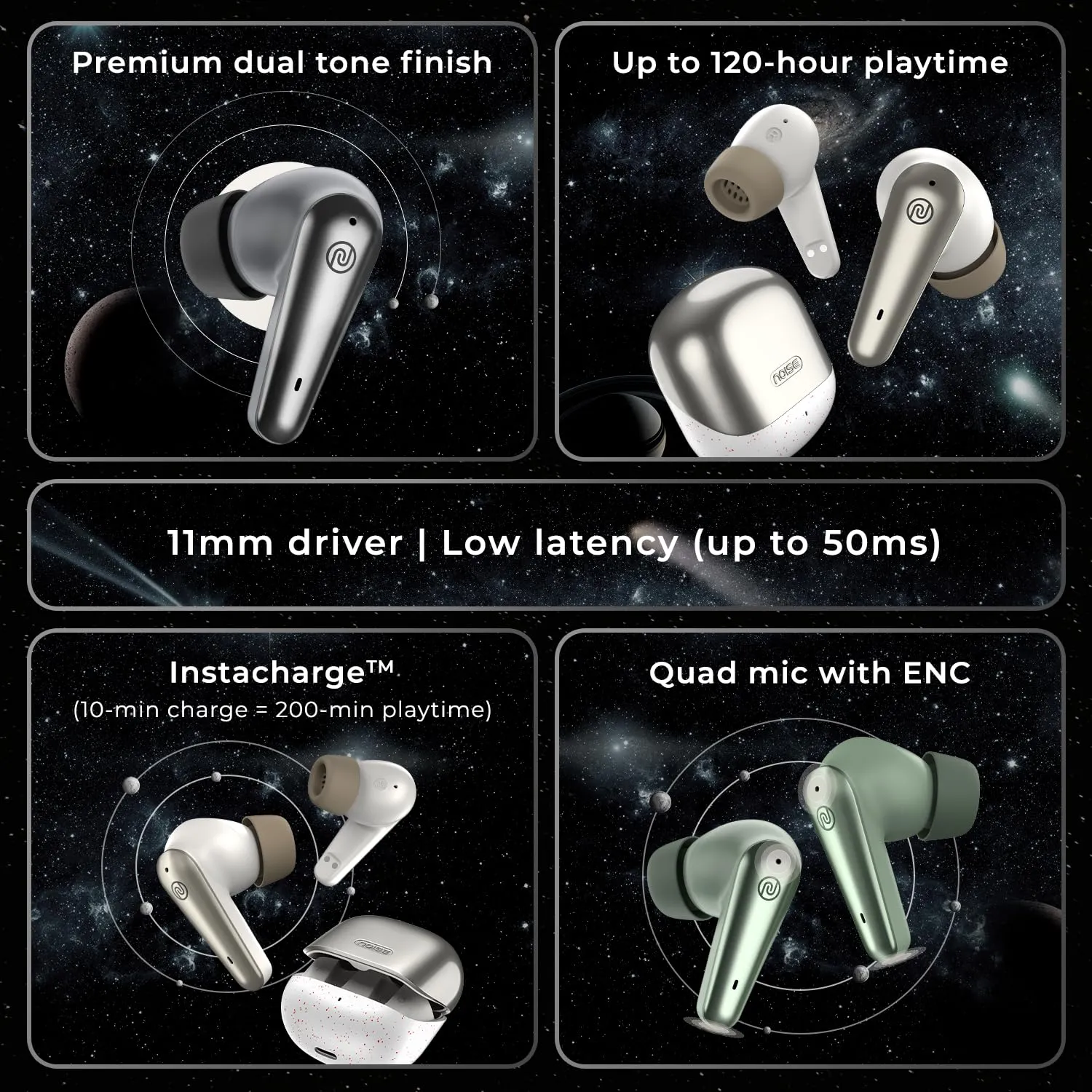 Noise Buds X Prime in-Ear Truly Wireless Earbuds with 120H of Playtime, Quad Mic with ENC, Instacharge(10 min=200 min),Premium Dual Tone Finish, 11mm Driver, BT v5.3(Silver Grey)