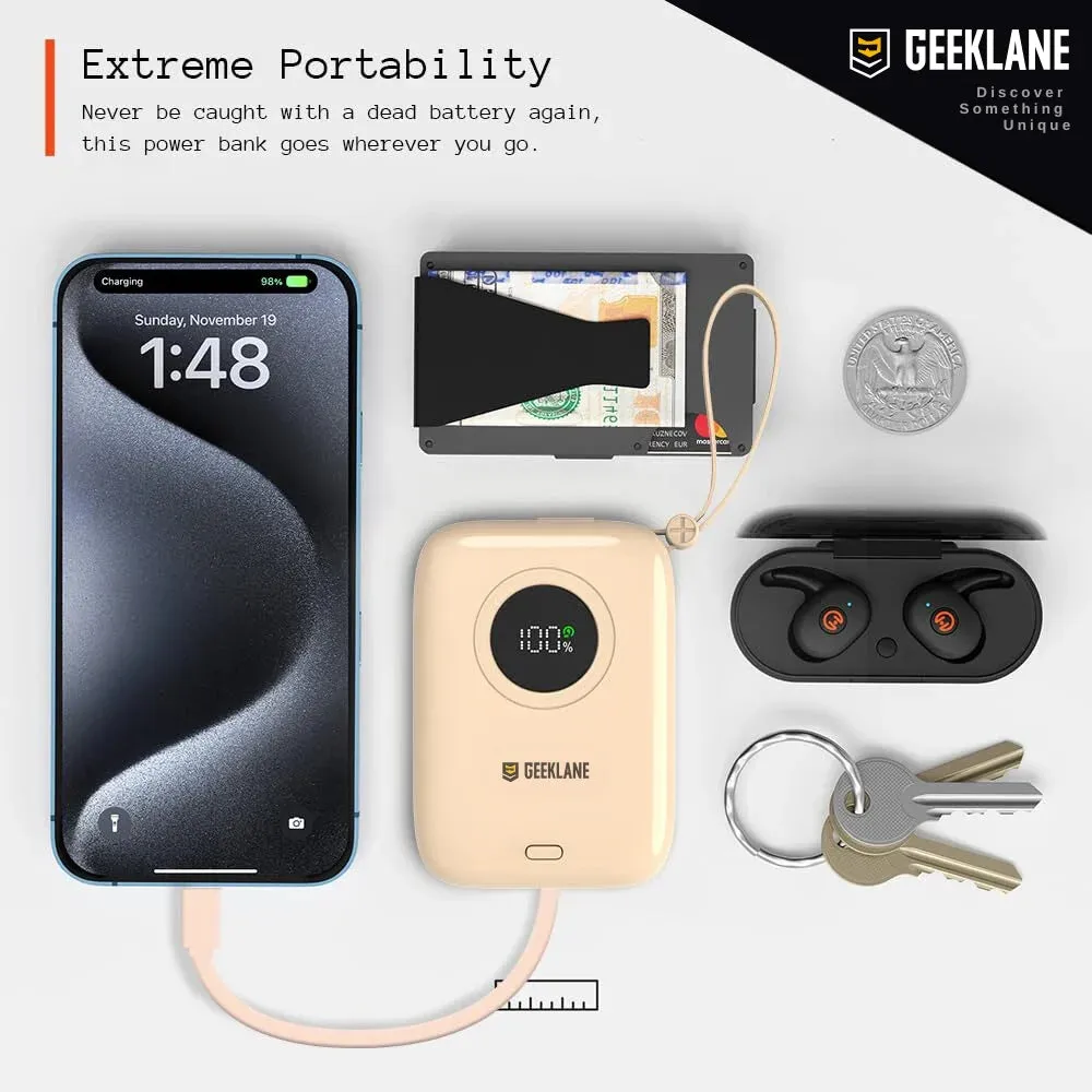 Pebble: Palm Sized Power Bank with Built-In Cable & PD 10000mAh