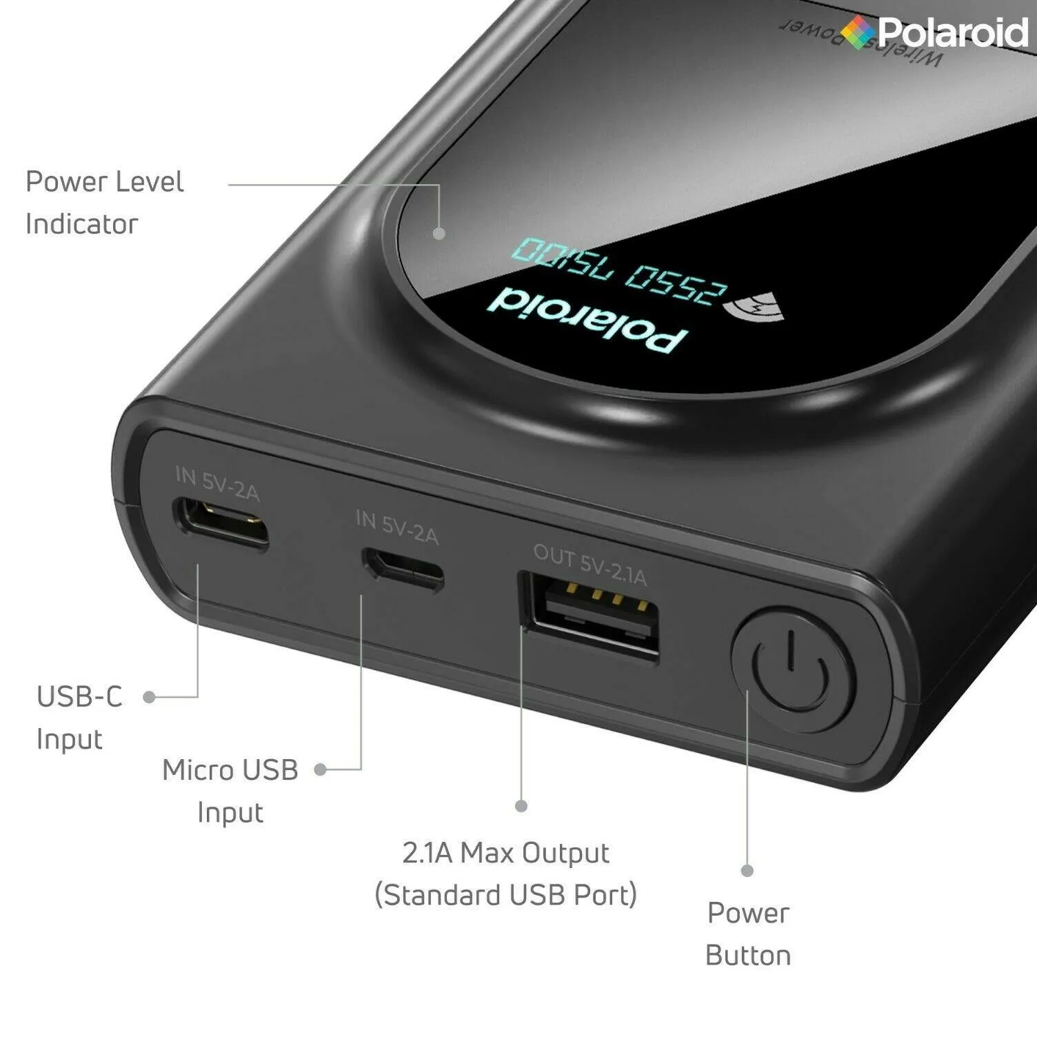 Polaroid Portable Wireless Power Bank - 10000mAh, USB Charging, Digital Display