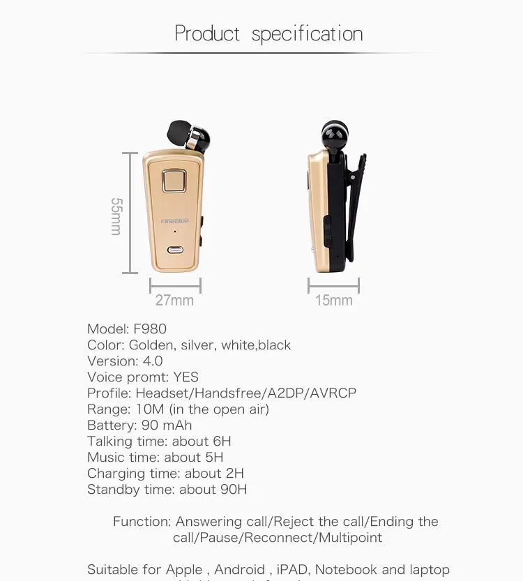 Premium Retractable Bluetooth Headset with Anti-Theft Design and Vibration Alerts