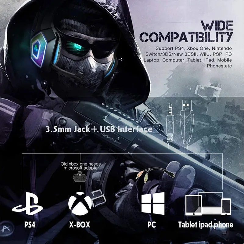 RGB Light Emitting Wired Gaming Headset with Large Ear Cups