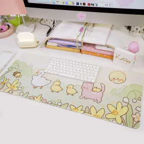 Spring Aesthetic Gaming Mouse Pad | Satsuma Cat & Ducklings | Large Kawaii Desk Mat | Cottagecore Desk Mat