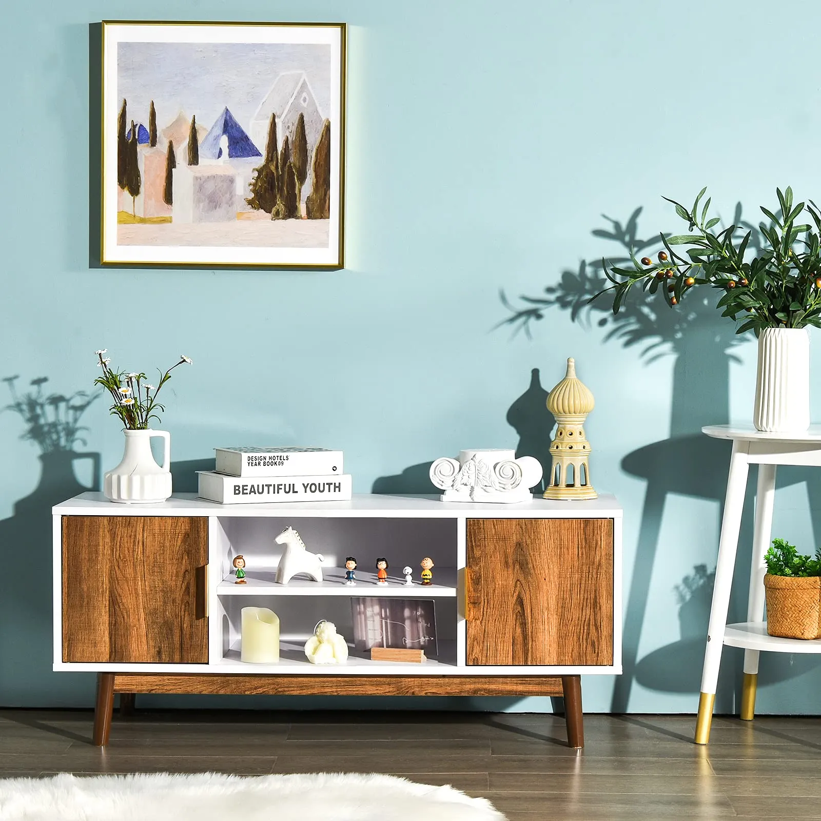 Tangkula 2 Door TV Stand for TVs up to 50 inch Flat Screen, Entertainment Center w/Open Storage Shelf