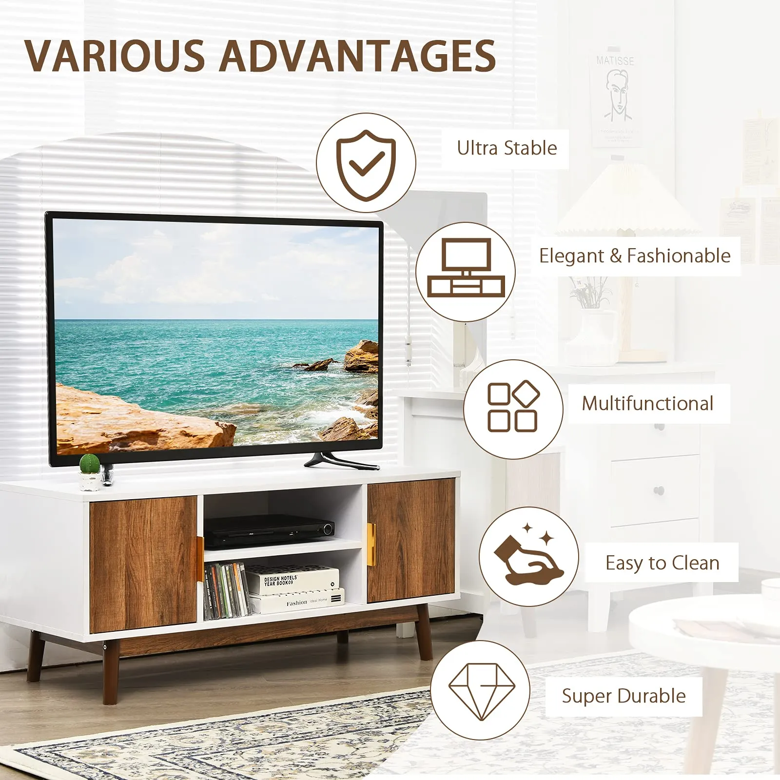 Tangkula 2 Door TV Stand for TVs up to 50 inch Flat Screen, Entertainment Center w/Open Storage Shelf