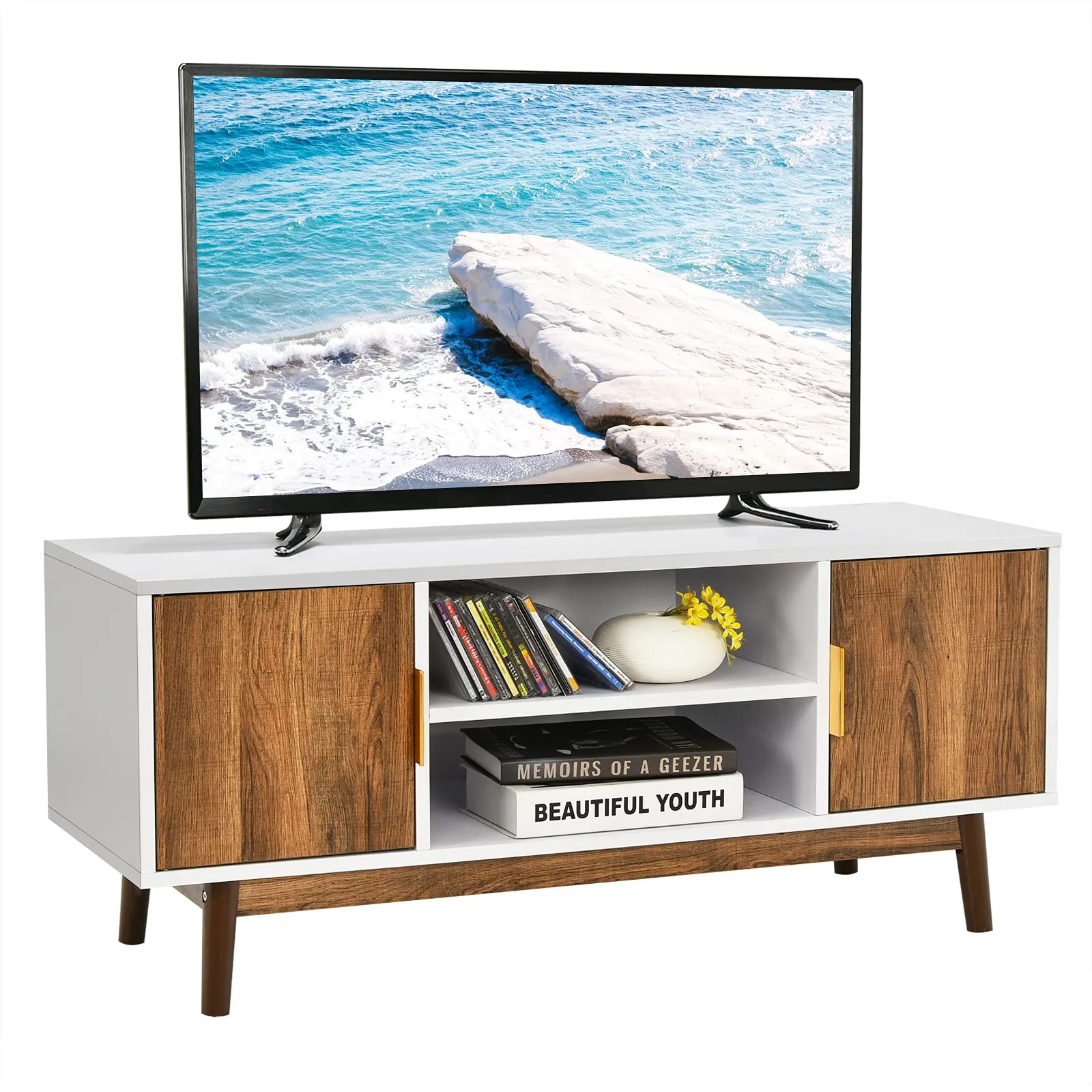 Tangkula 2 Door TV Stand for TVs up to 50 inch Flat Screen, Entertainment Center w/Open Storage Shelf