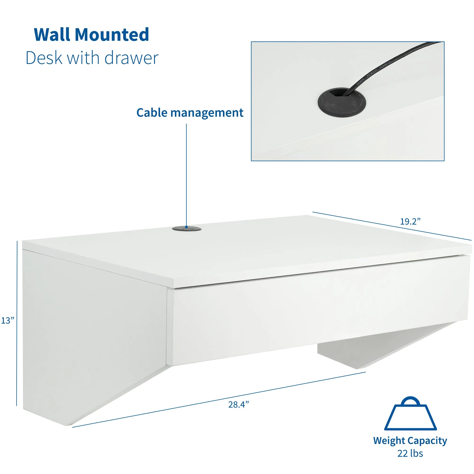 White Wall Mounted 28” Desk with Drawer